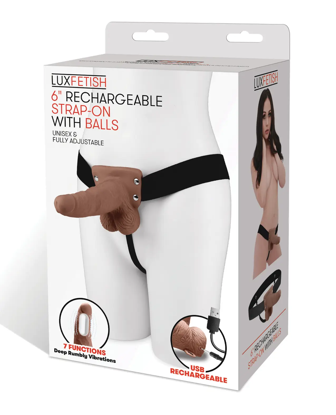 Lux Fetish 6" Rechargeable Strap On with Balls Brown