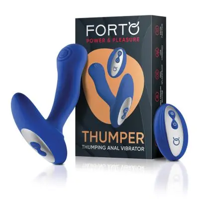 Blue Anal Vibrator with remote sitting in front of its packaging. The packaging is a black box, an orange circle is in the middle of the box with the toy sitting on the orange circle.