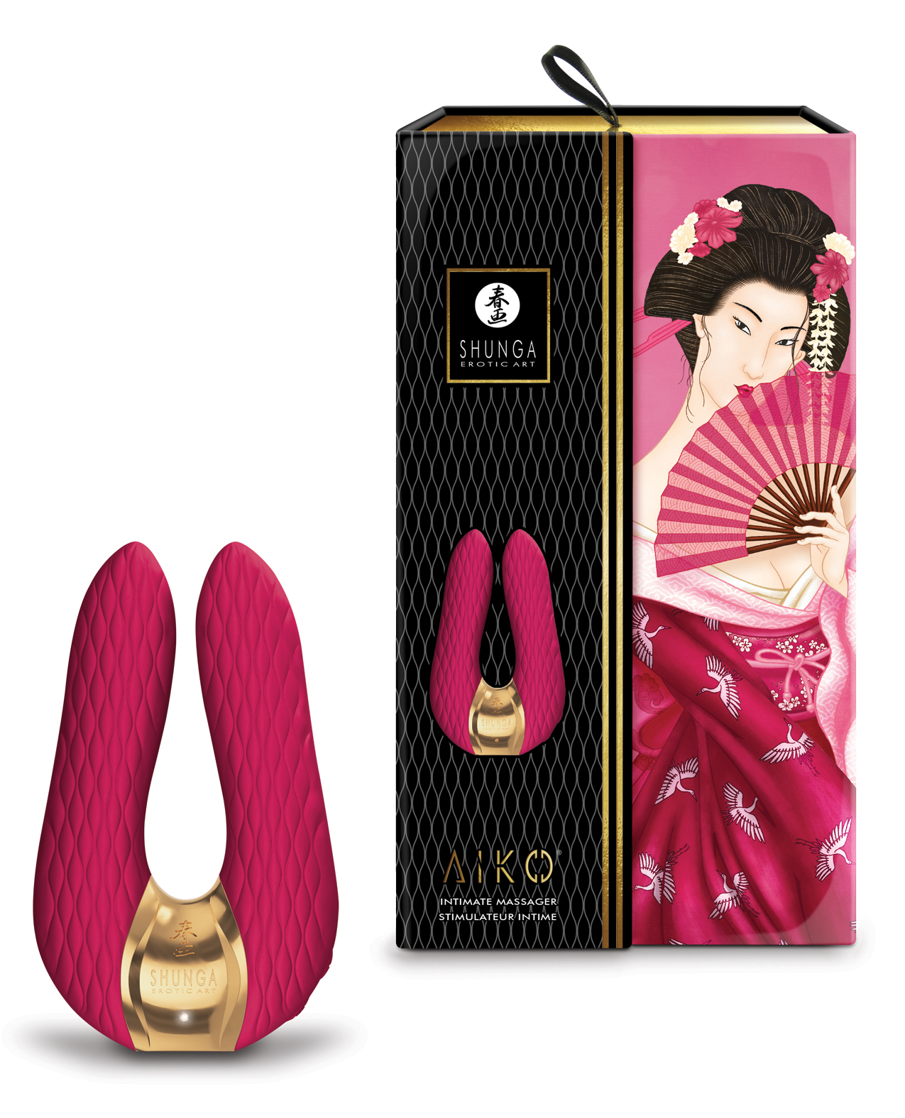 Shunga Aiko sits next to the package which has a image of the toy and a woman using a hand fan