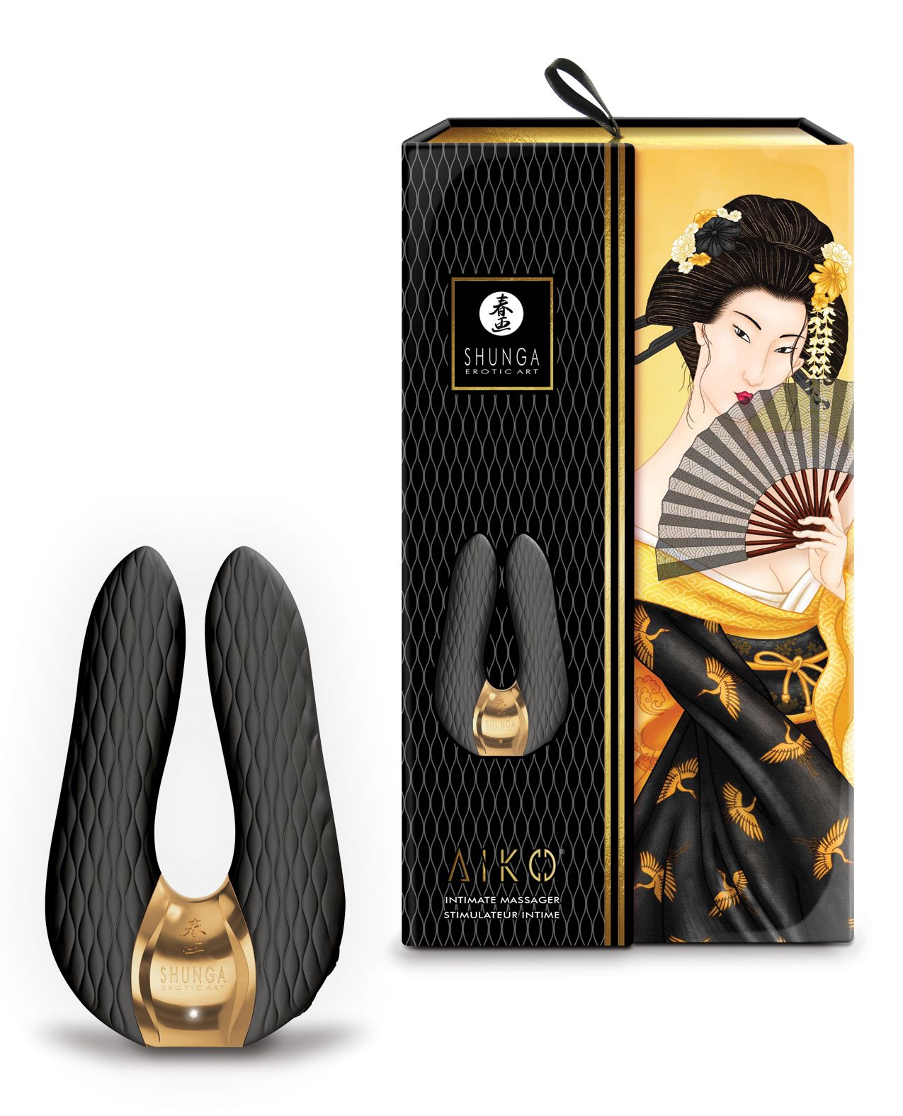 Shunga Aiko sits next to the package which has a image of the toy and a woman using a hand fan