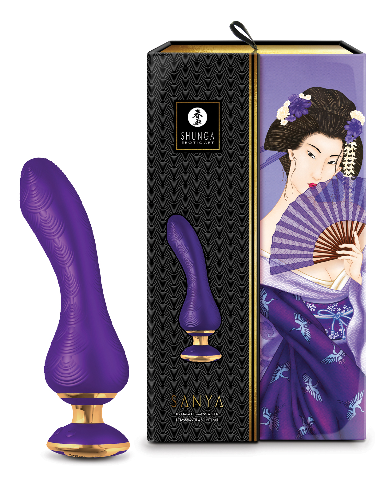 Shunga Sanya sits next to the package which has a image of the toy and a woman using a hand fan