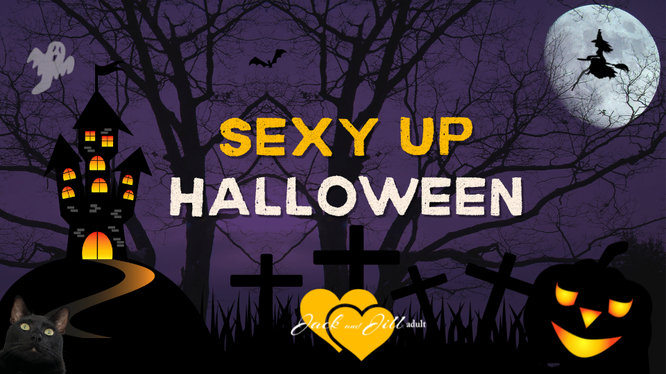 Sexy up Halloween graphic with pumpkins, haunted house, and a cat