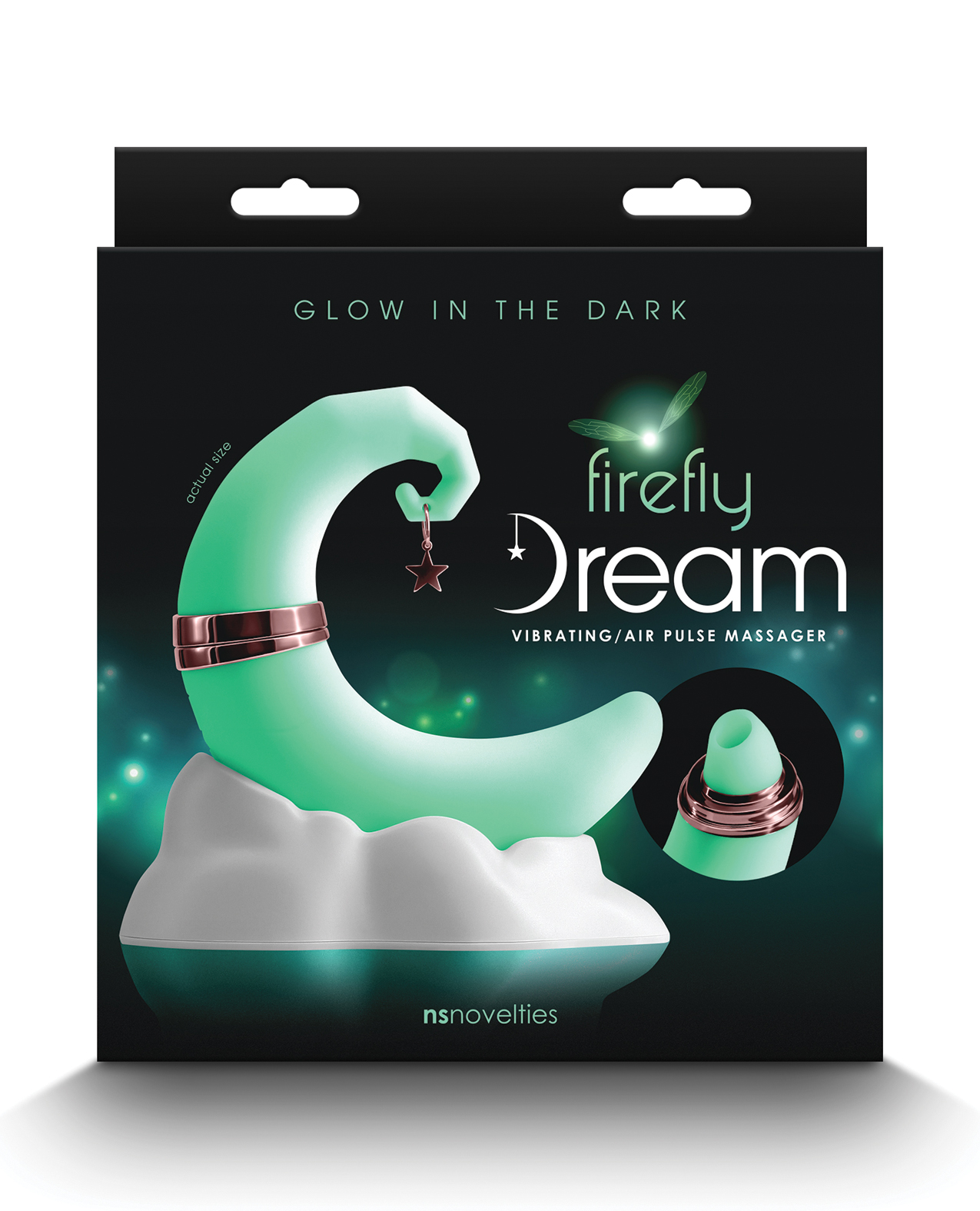 Glow in the dark moon shaped air pulse toy that sits on a charger shaped like a cloud
