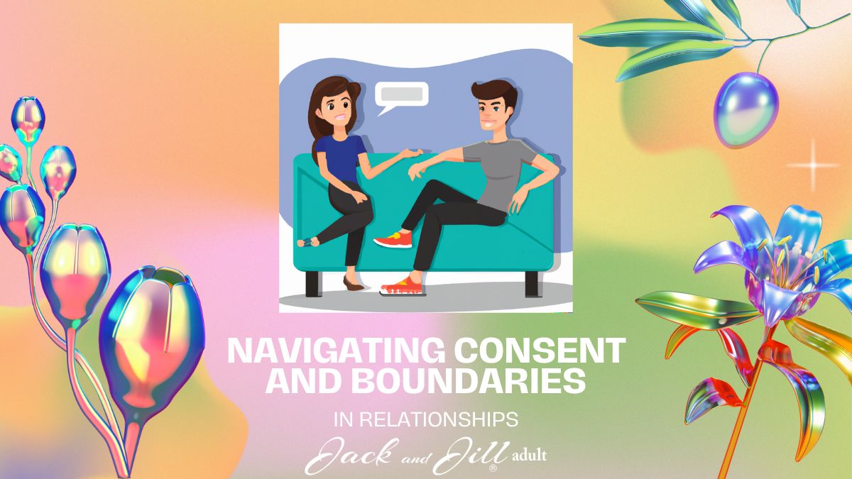 Woman and man sitting on a couch discussing consent and boundaries