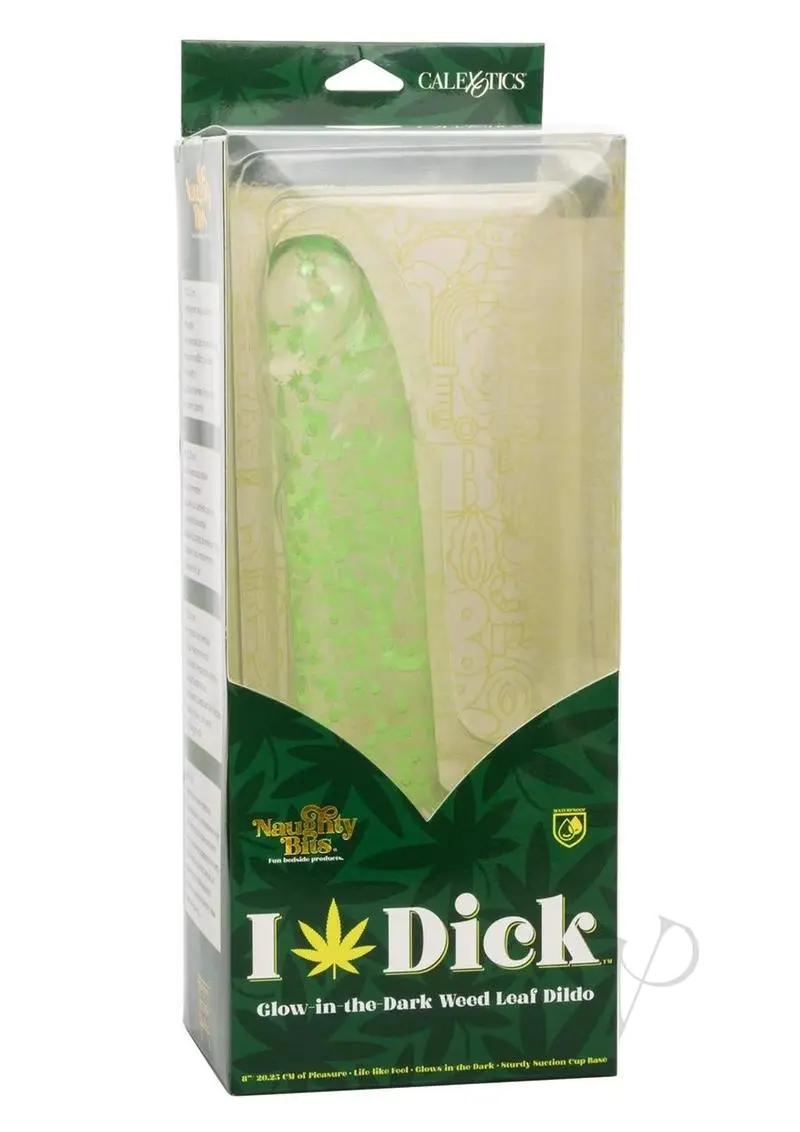 Faux Weed leaf filled, glow-in-the-dark dong with firm, life-like feel in a clear and dark green box