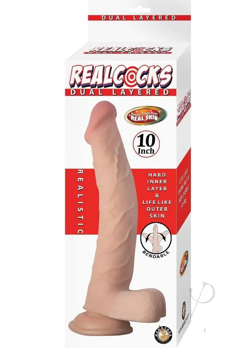 The RealCock 10-inch dual-density in white, lightly veined, bendable dong on a white box