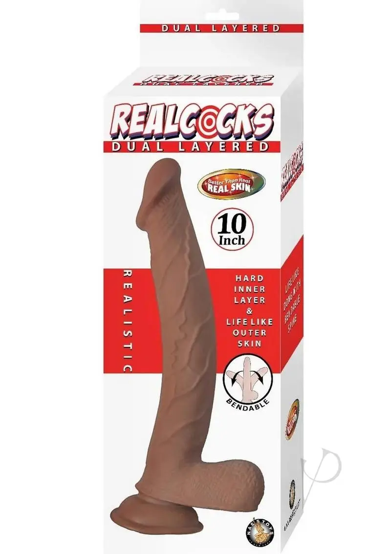 The RealCock 10-inch dual-density in brown, lightly veined, bendable dong on a white box