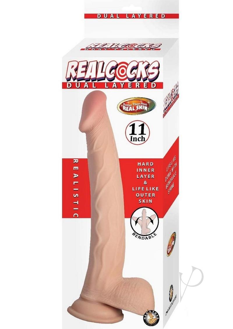 11" bendable dildo with suction cup in vanilla color on a white and red box