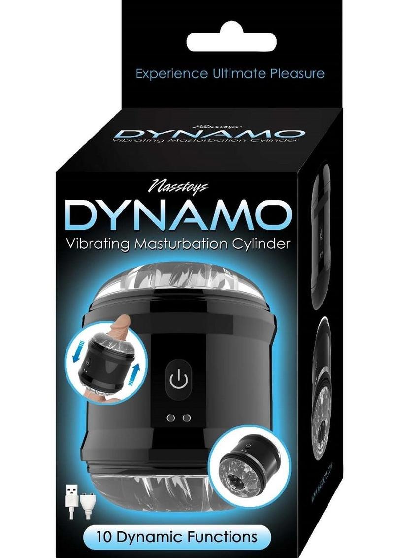 Dynamo Vibrating Masturbator Cup in a black box with a blue highlight around the toy