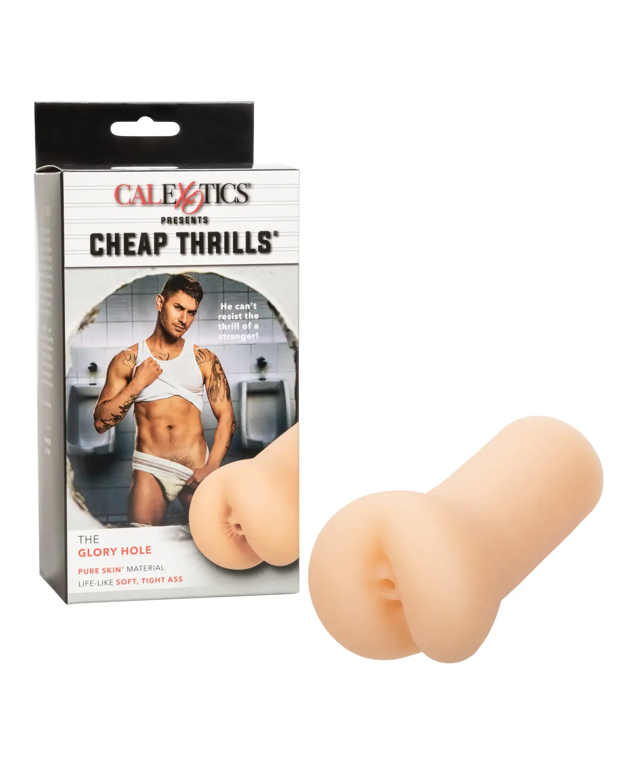on the box is a Man with underwear. In front of the box is the cream colored masturbator shaped like an anus