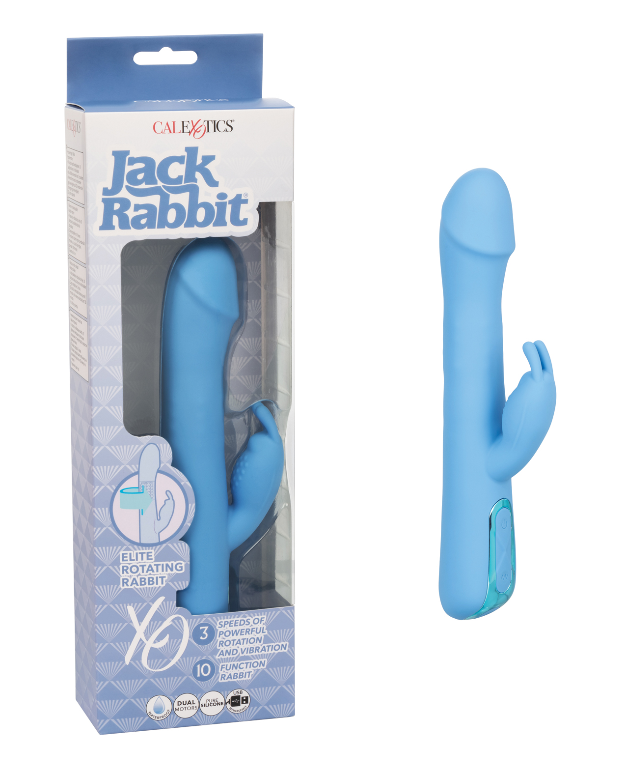 Blue Rotating Jack Rabbit toy sitting outside of its package.