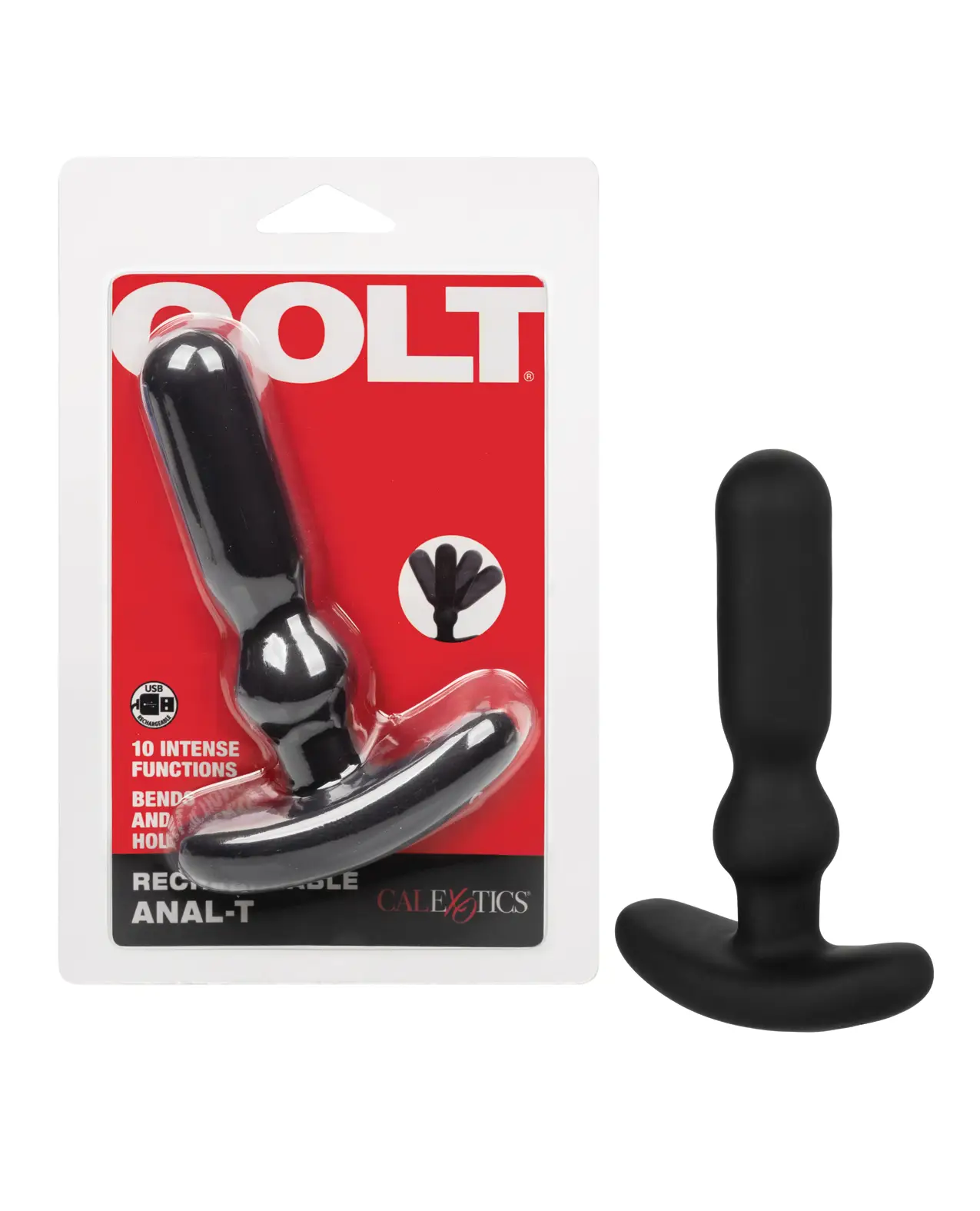 Clamshell packing in red and black with the legendary COLT logo in bold white across the top. The toy sits visible inside and also outside the package on the side. The toy is a vibrating anal probe.