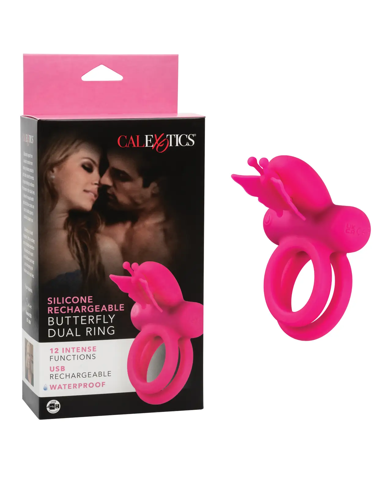 Rechargeable Butterfly Dual Ring - pink. Shows a couple on a dark box. The toy sits outside the box as well as on the front of the box. The toy looks is a butterfly that tickles.