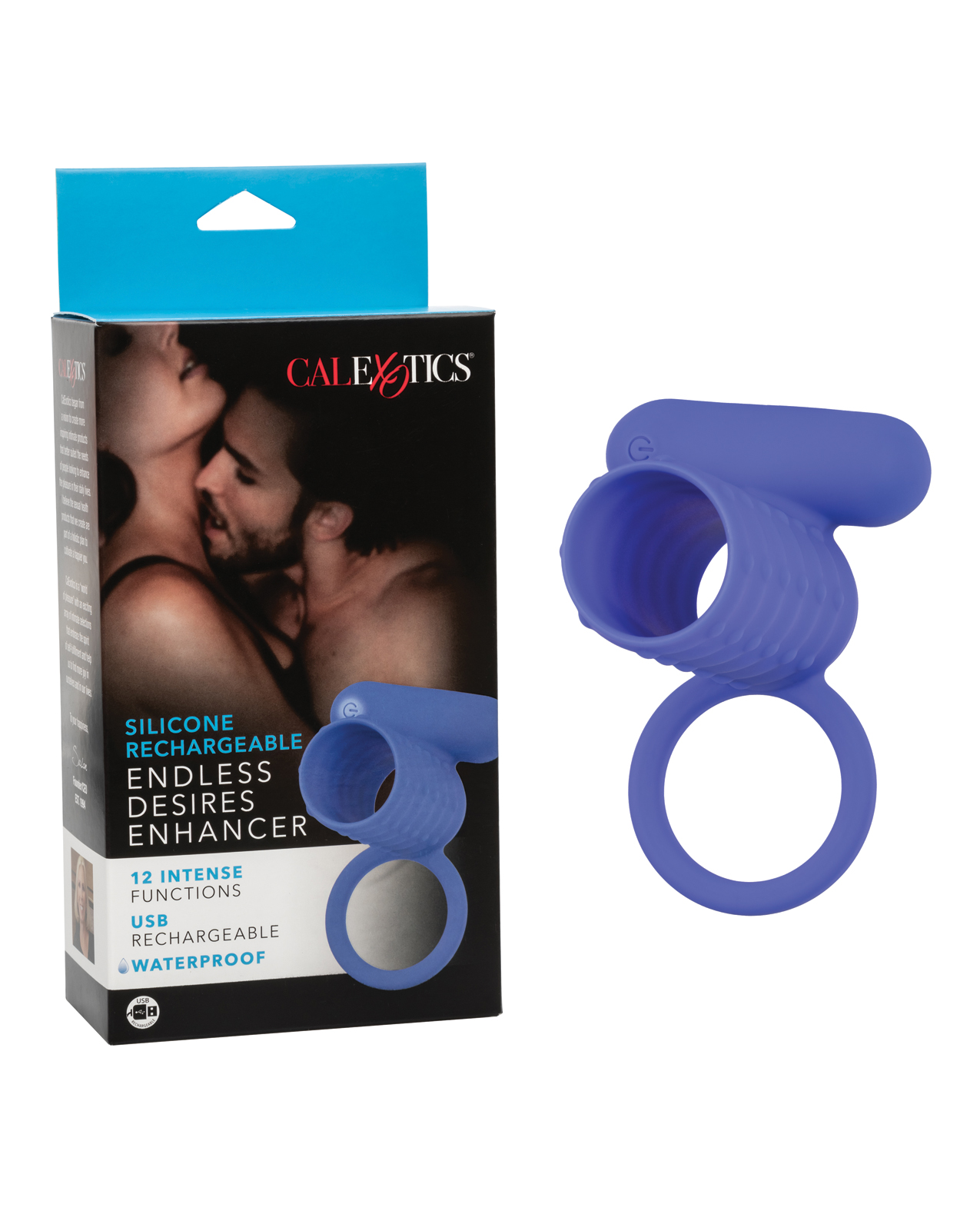 Blue Silicone Rechargeable Endless Desires Enhancer ring sitting next to a box. A couple is on the box.