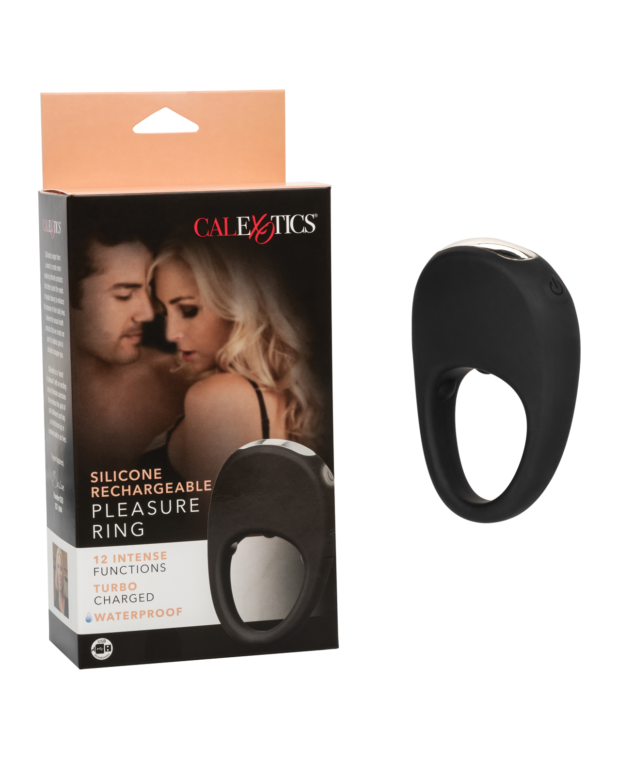Black vibrating ring with a couple on a dark box