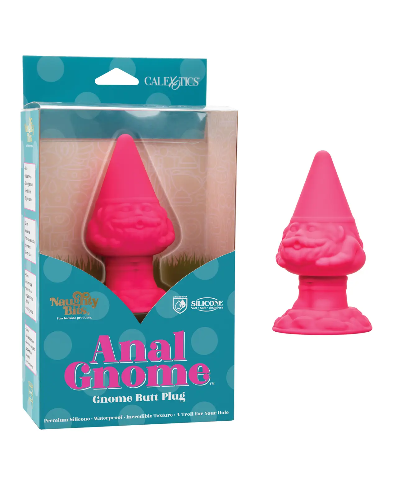 A humorous anal plug with a gnome face in a blue and see through box