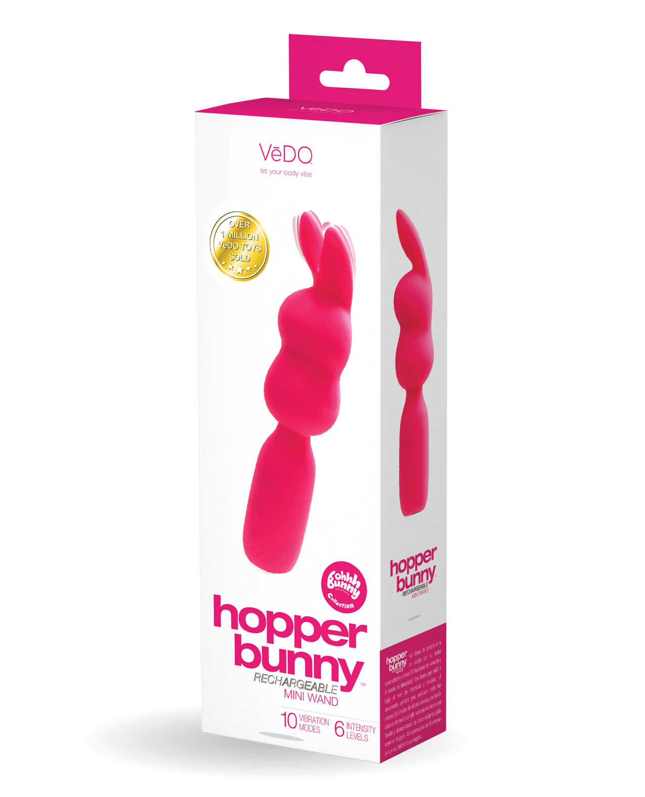 Pink bunny shape vibrator with a flexible body on a white box