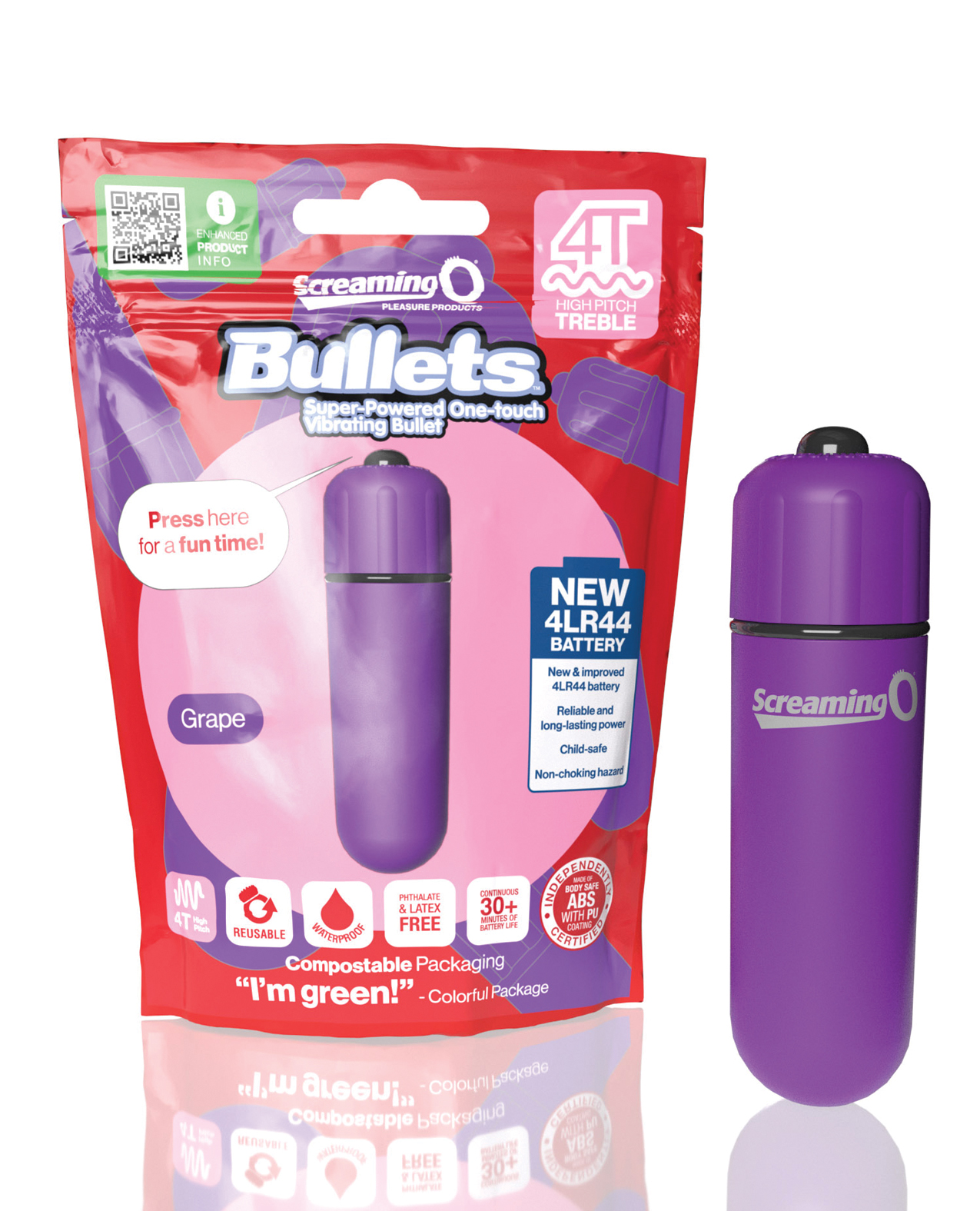 Purple bullet vibe standing next to the pink and purple Screaming O packaging