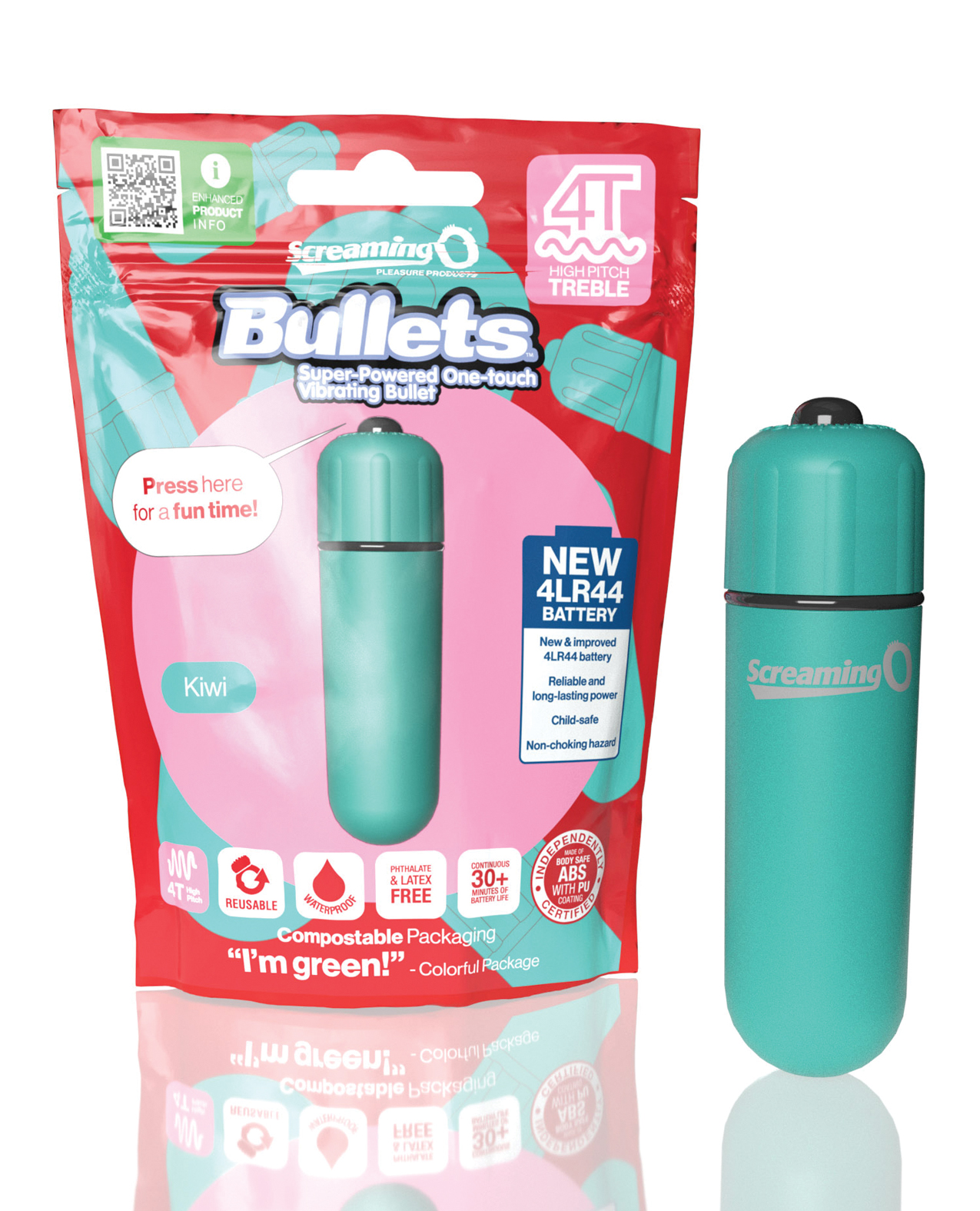 Teal bullet vibe standing next to the pink, red, and teal Screaming O packaging