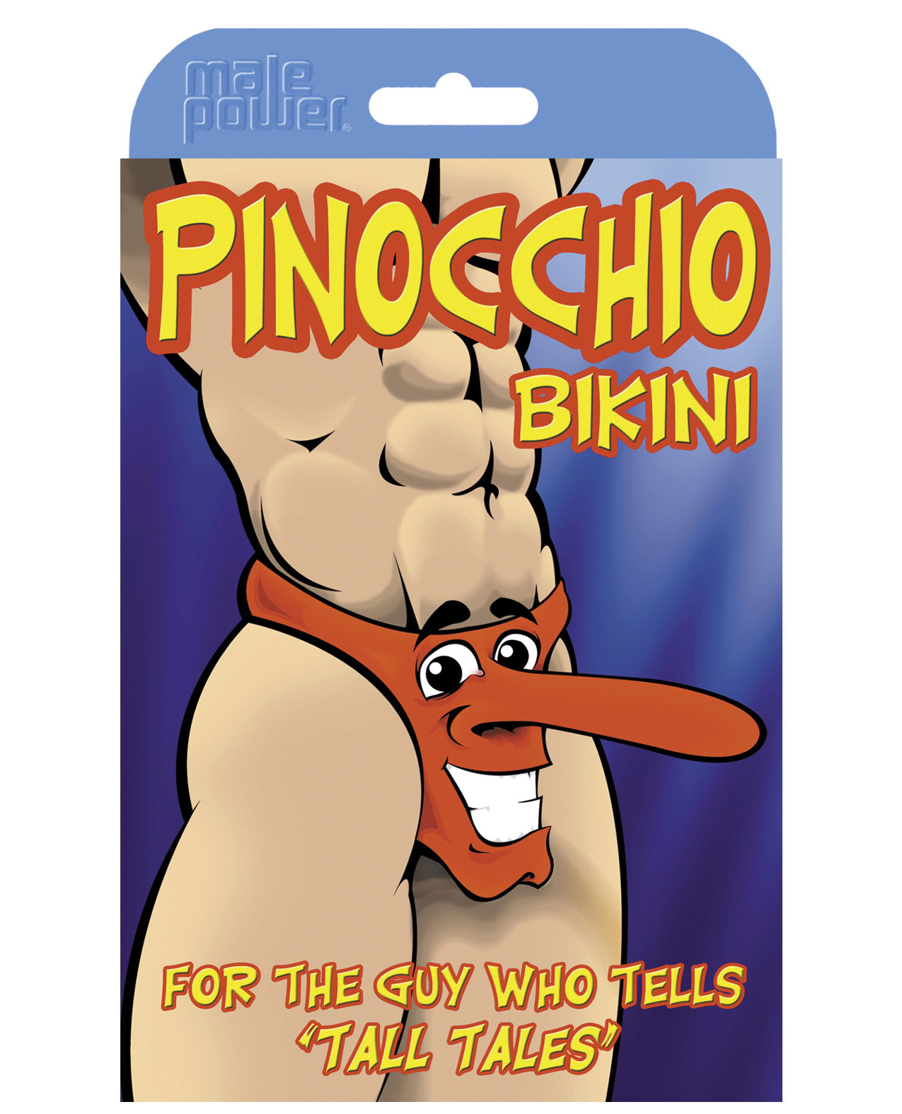 A cartoon man with chiseled body wearing a novelty thong with red a goofy face and a long penis nose