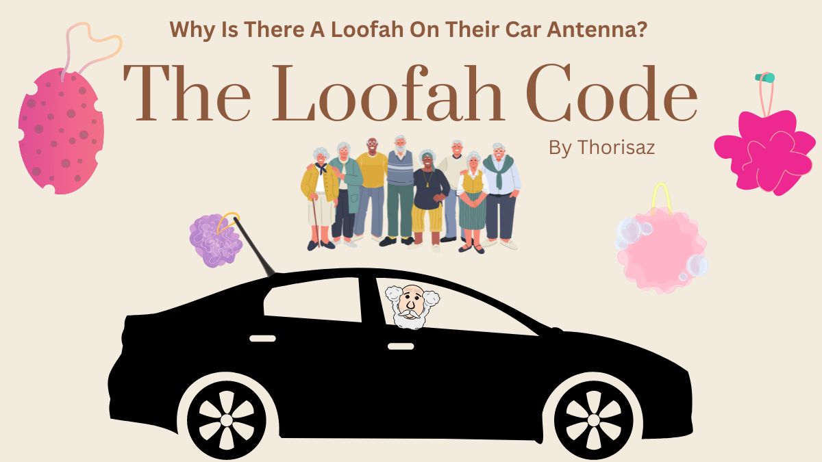old person in car with loofah code on antenna