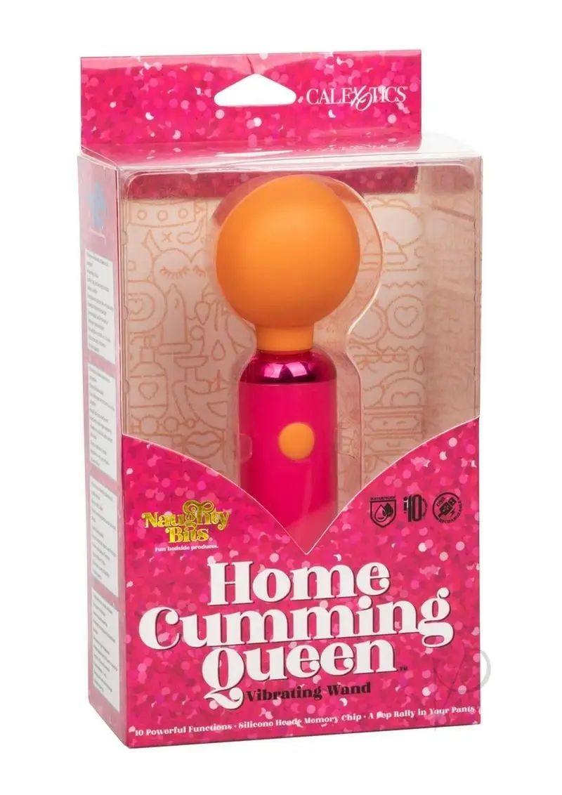 Home Cumming Queen mini body wand in a pink package with a see through window where you can see the pink and orange mini wand.