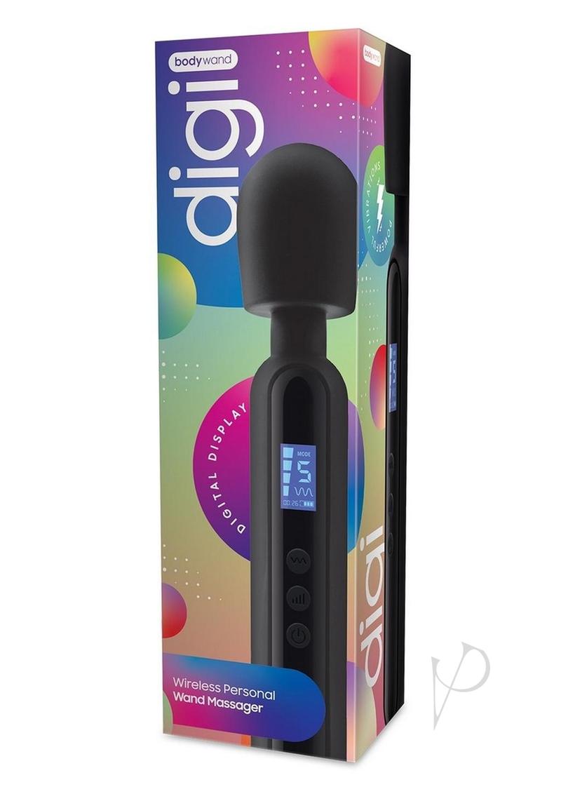 Black BodyWand Body Massager with a digital display on a colorful box