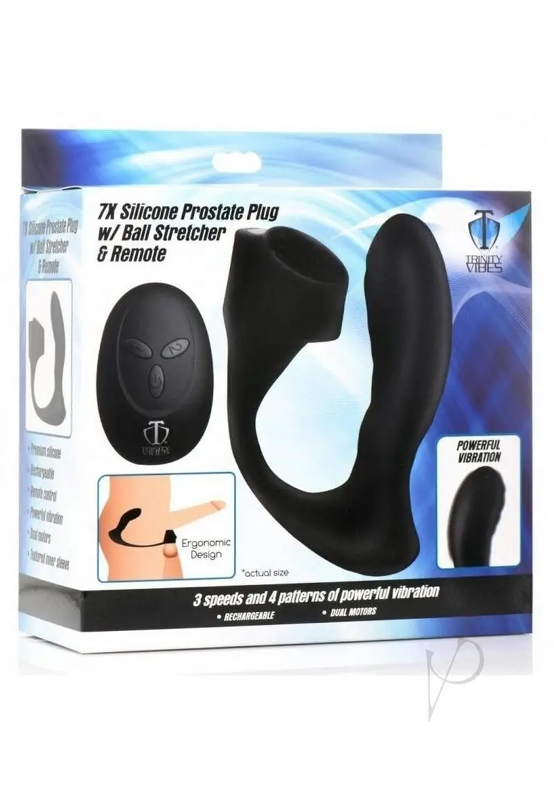 prostate toy with built in ball stretcher. The packaging is blue and white.