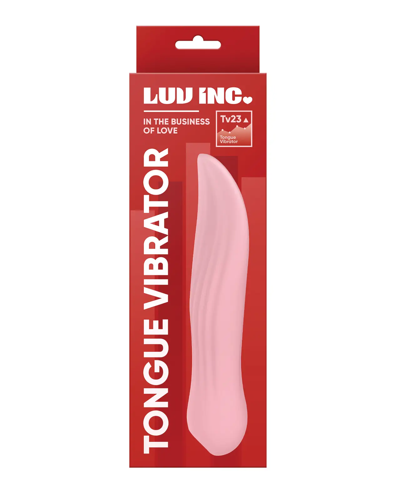 Vibrator with a Tongue shaped tip in pink on a red box