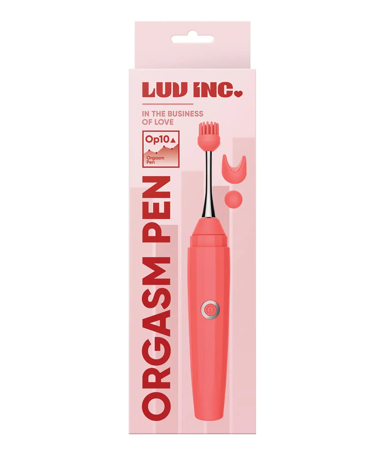 A compact and discreet vibe in coral with three attachments . The Box is pink.