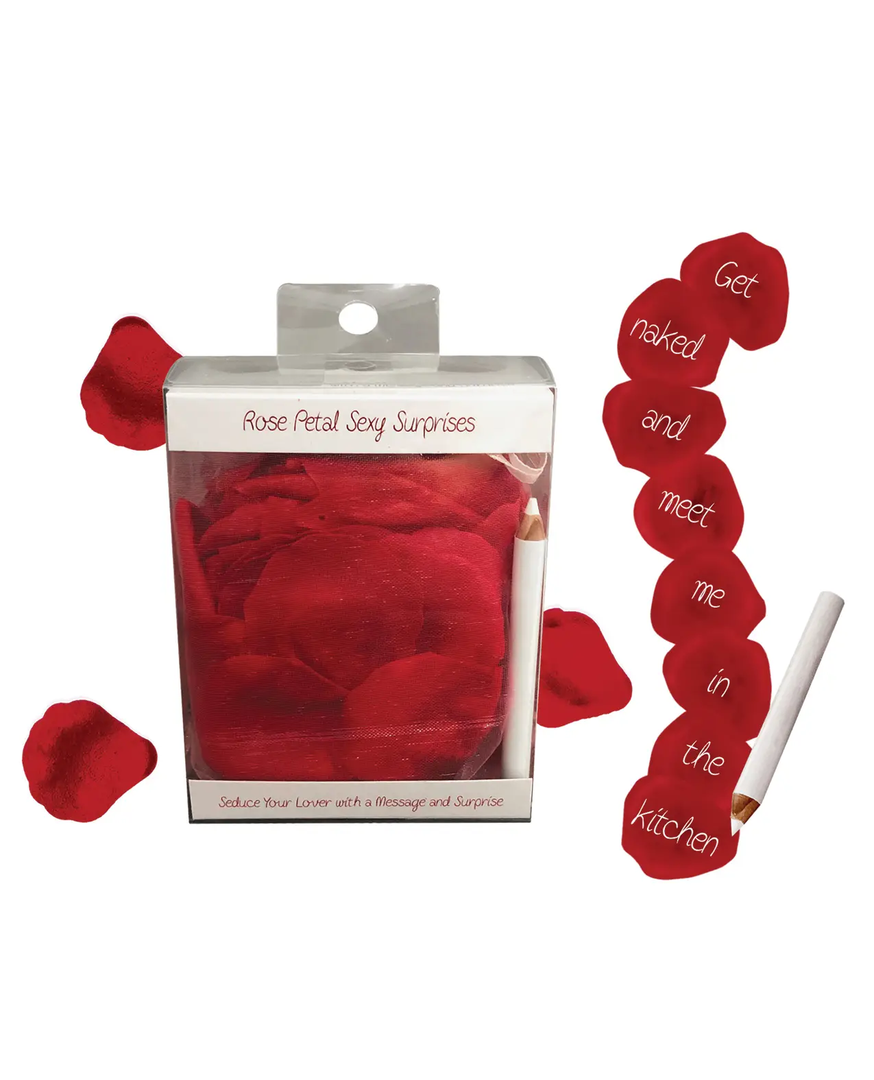 Box with 100 fake rose petals with white pencil to write sexy messages