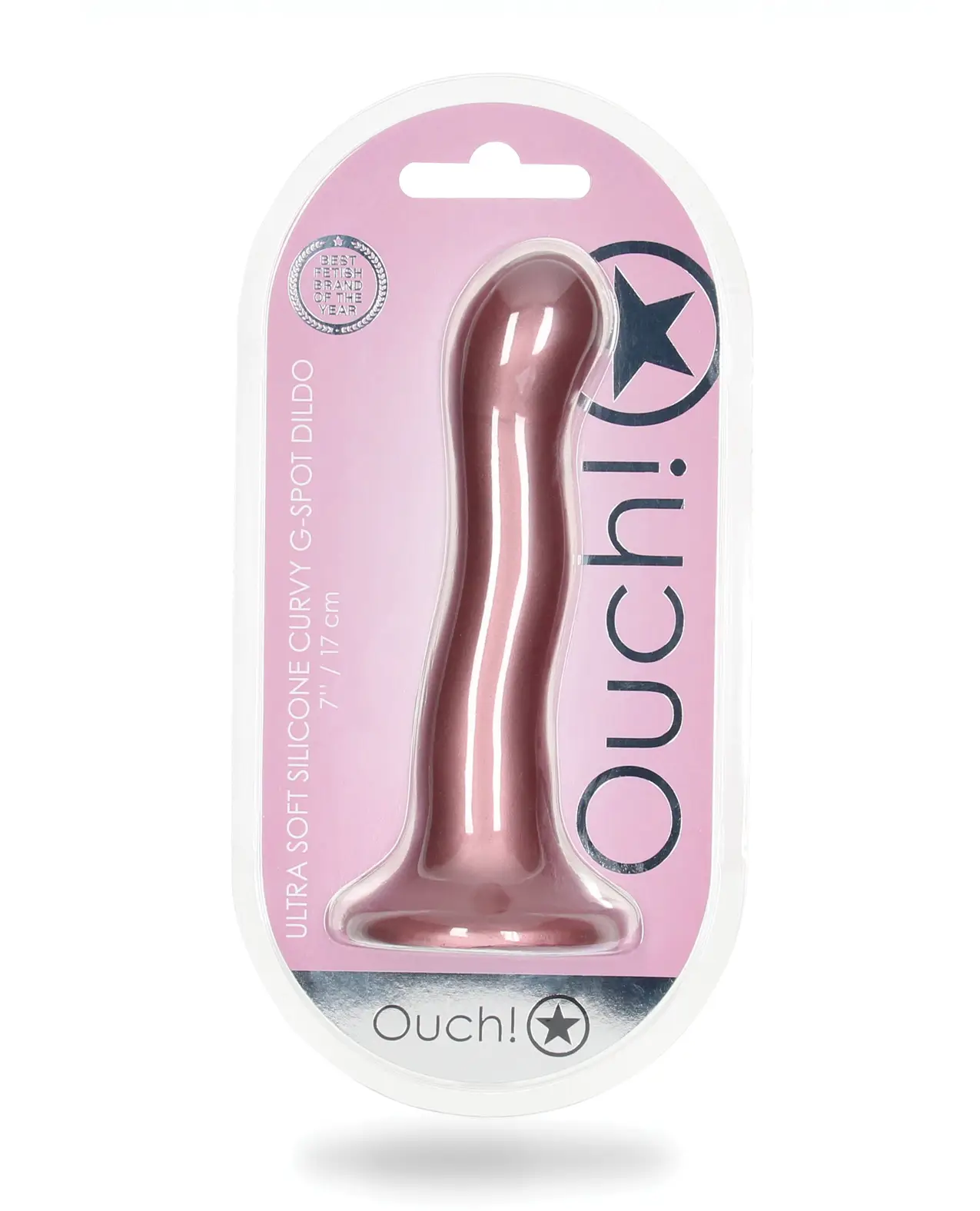 Curvy G-spot Dildo in Rose Gold in a pink clamshell package