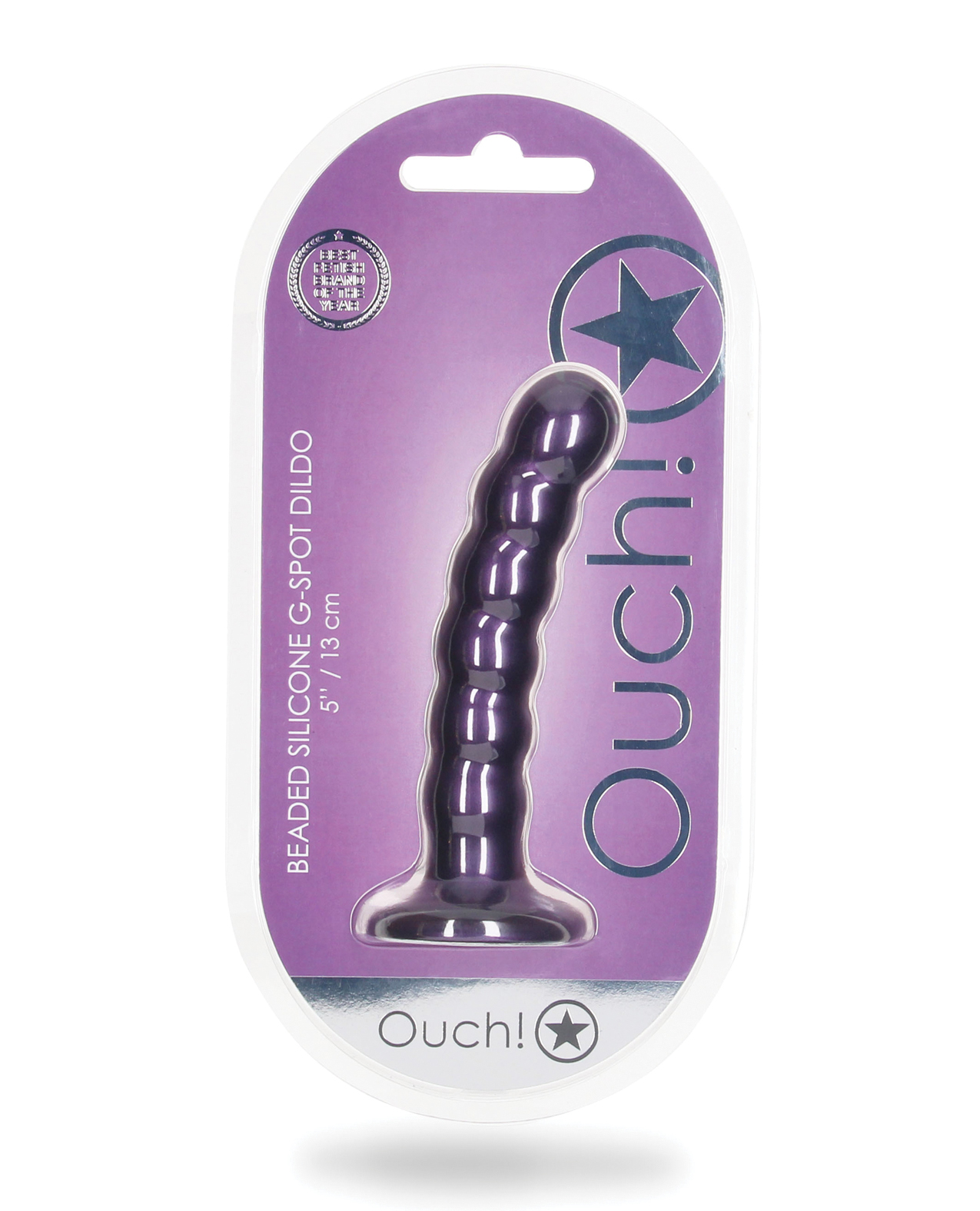Ouch beaded silicone dildo 5" in metalic purple