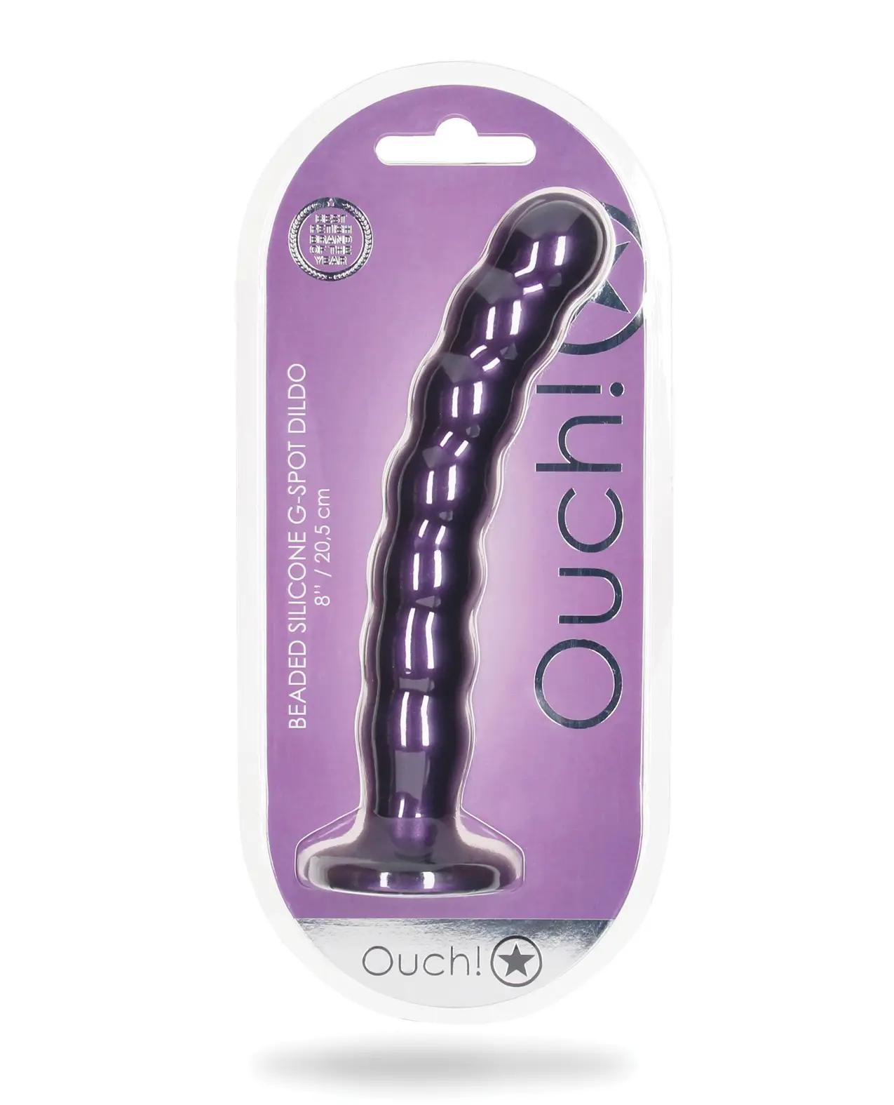 Ouch beaded silicone dildo 8" in metalic purple