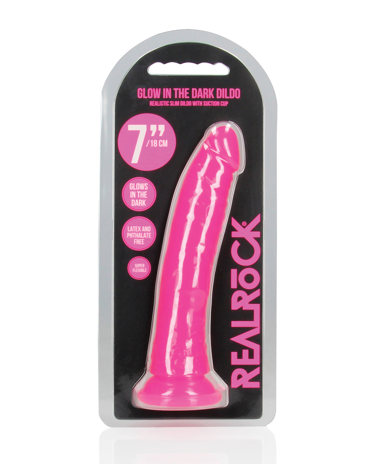 Shots RealRock 7" Slim Dildo Glow in the Dark - Neon Pink