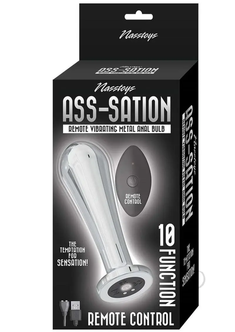 Dark Box with Ass-sation Anal Bulb in Silver with the remote control next to it.