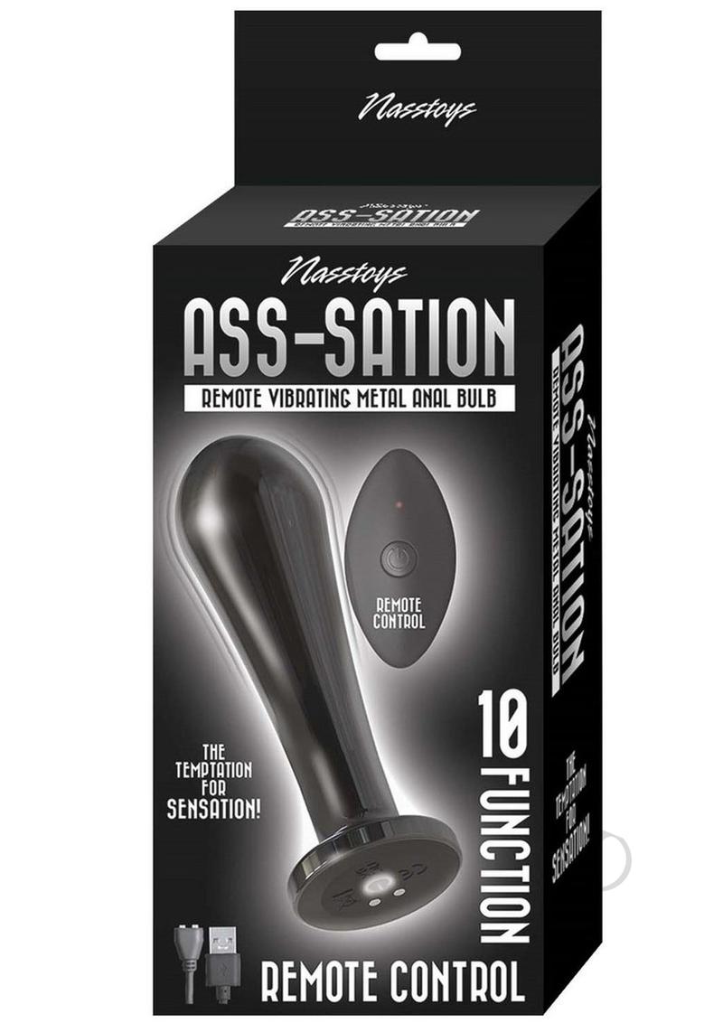 Dark Box with Ass-sation Anal Bulb in Black with the remote control next to it.
