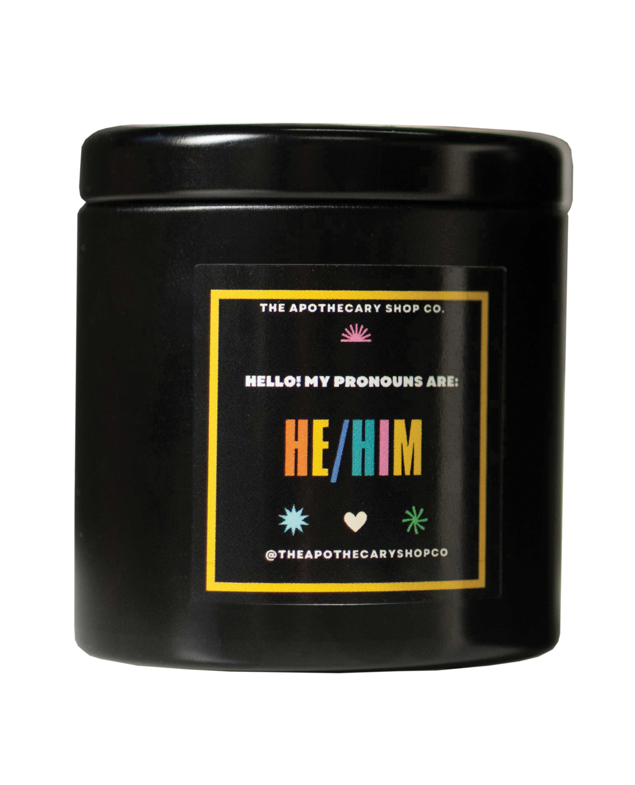 Gender Fluid He/Him Candle in a black round can with colorful letters that say HE/HIM