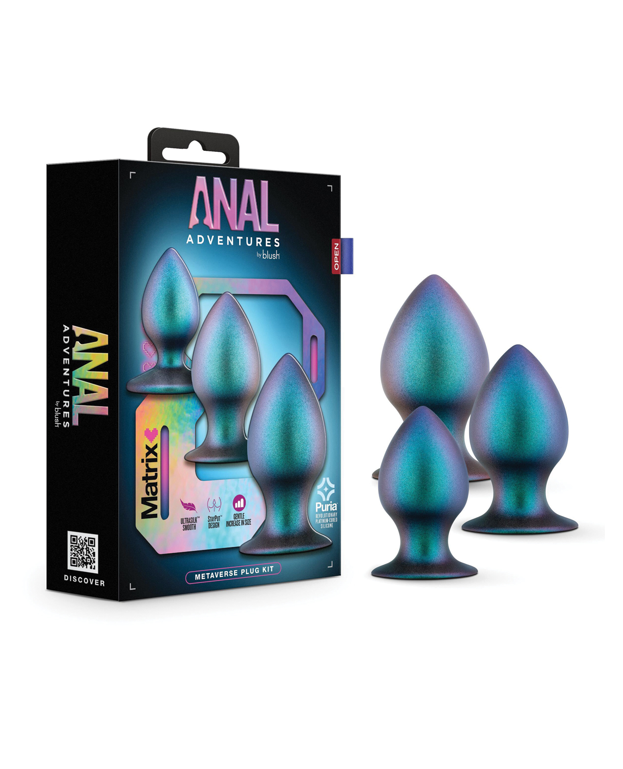 3 pc anal plug set in a unique futuristic spruce color sit besides its cosmic like package