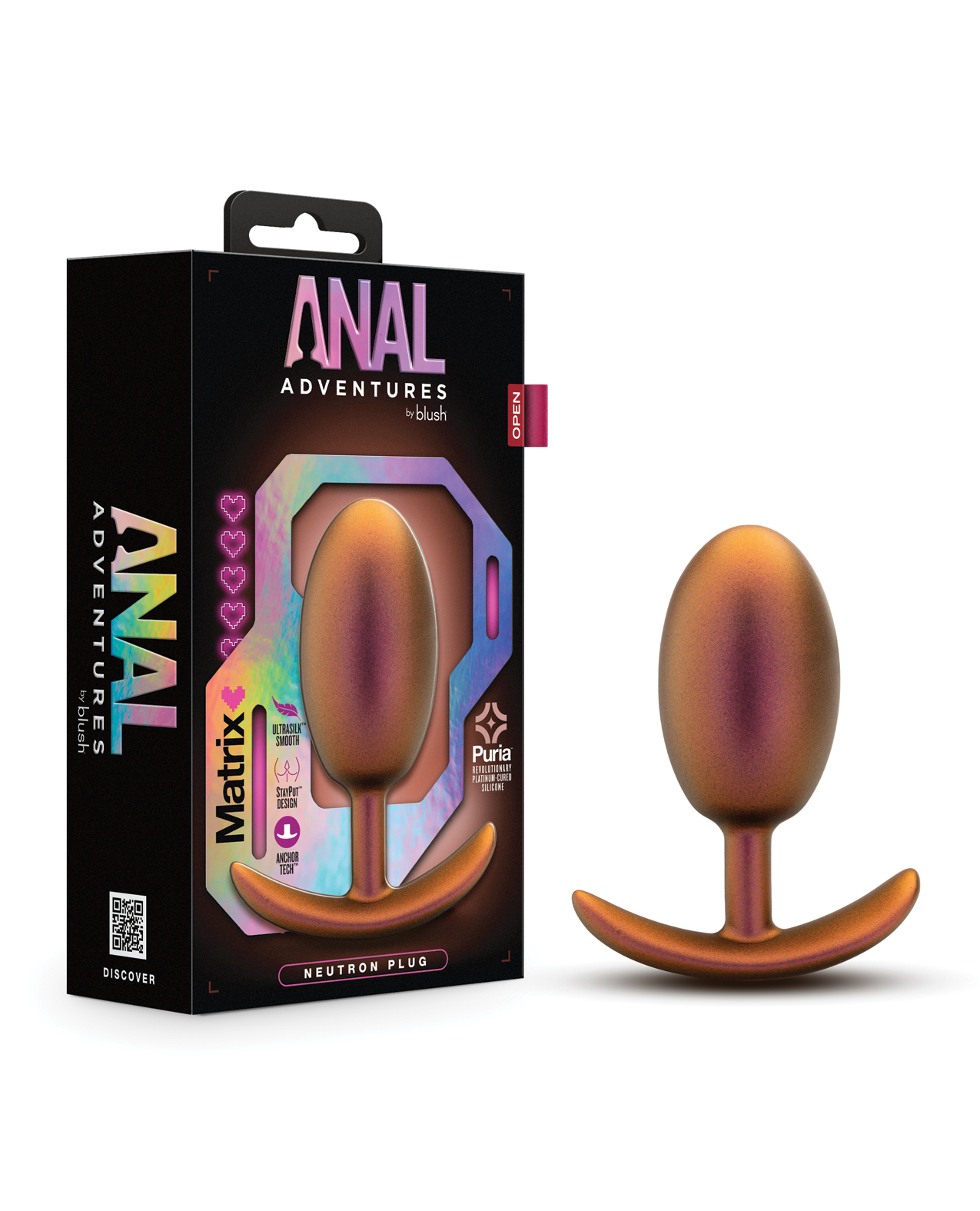 Copper colored butt plug sits besides its packaging