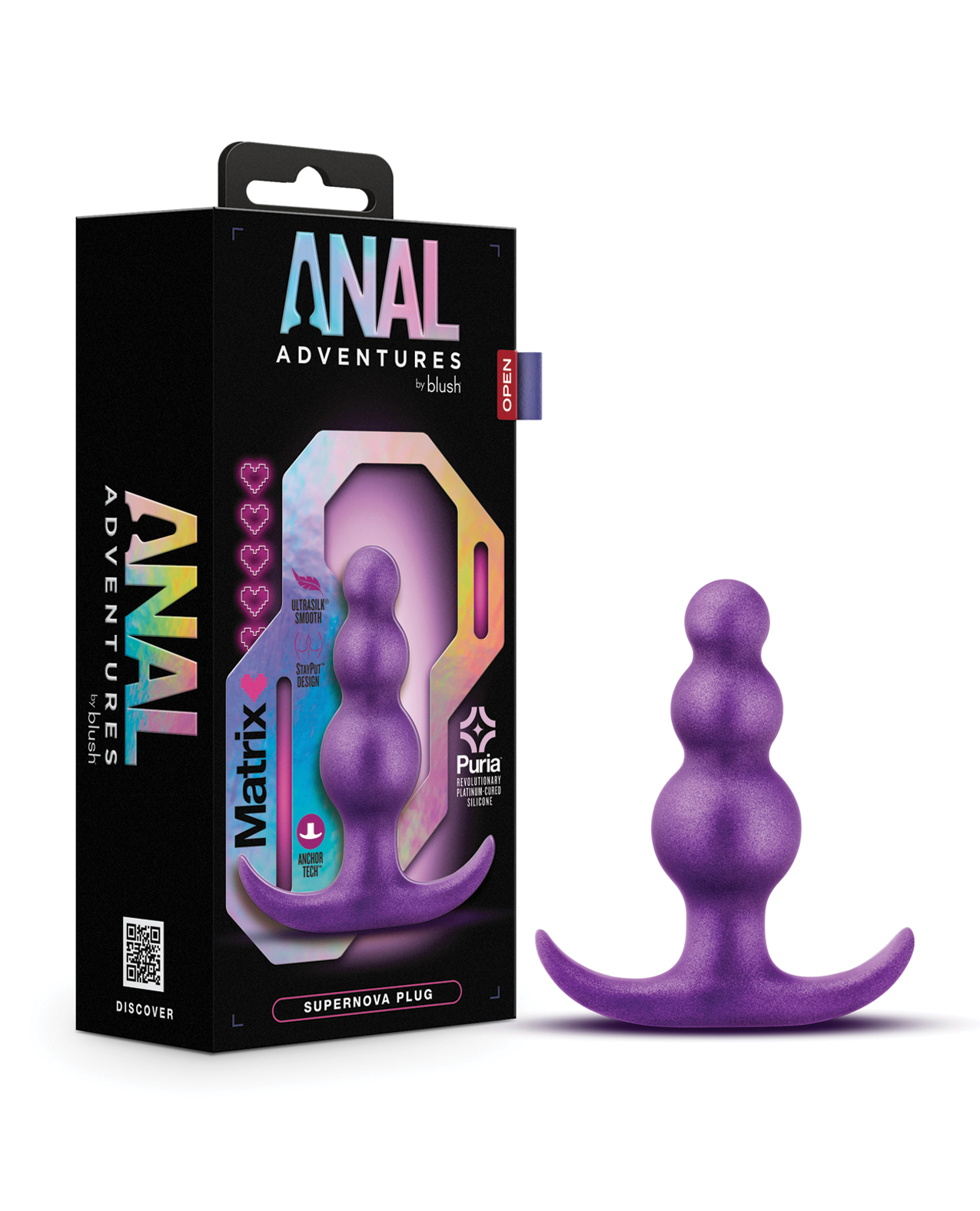 a purple beaded butt plug sits next to its packaging