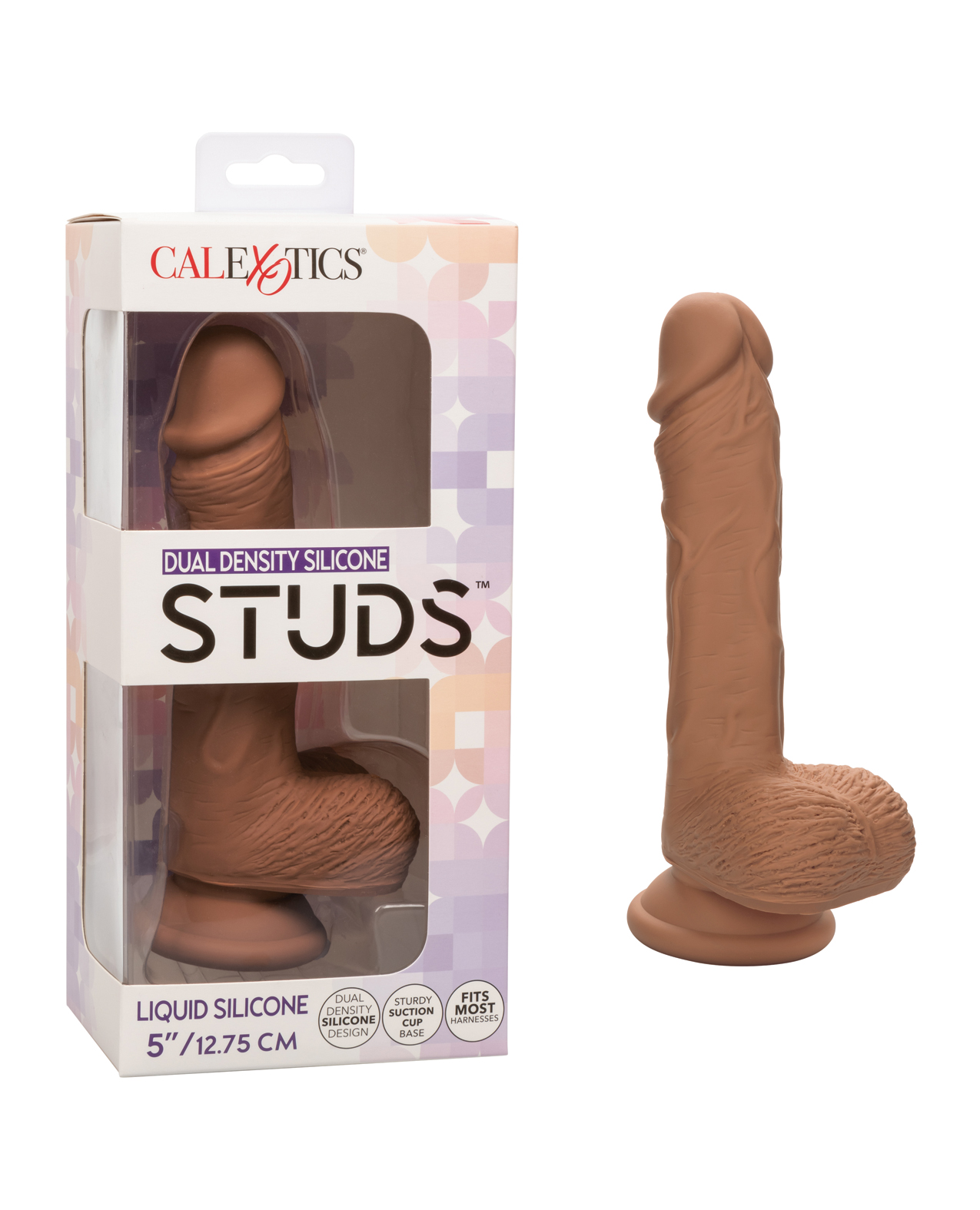 Brown dildo is sitting outside of a box with a brown dildo also in the pastel colored box.