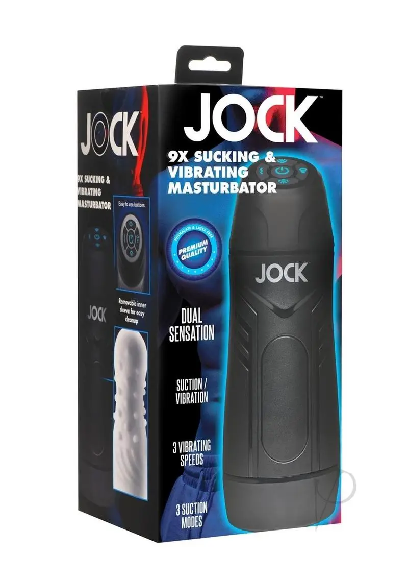 Curve Toys Jock 9X Sucking and Vibrating Machine that has powerful suction that pulls your shaft into the textured tunnel and intense vibration that buzzes and rumbles through it on a box with a blue background