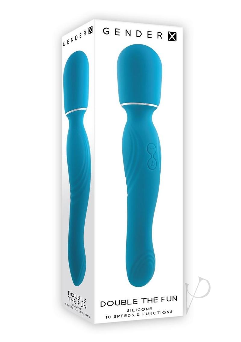 A large double ended body wand in teal on a white box. The top end is a large head and the bottom end can be used as a textured vibrating dildo.