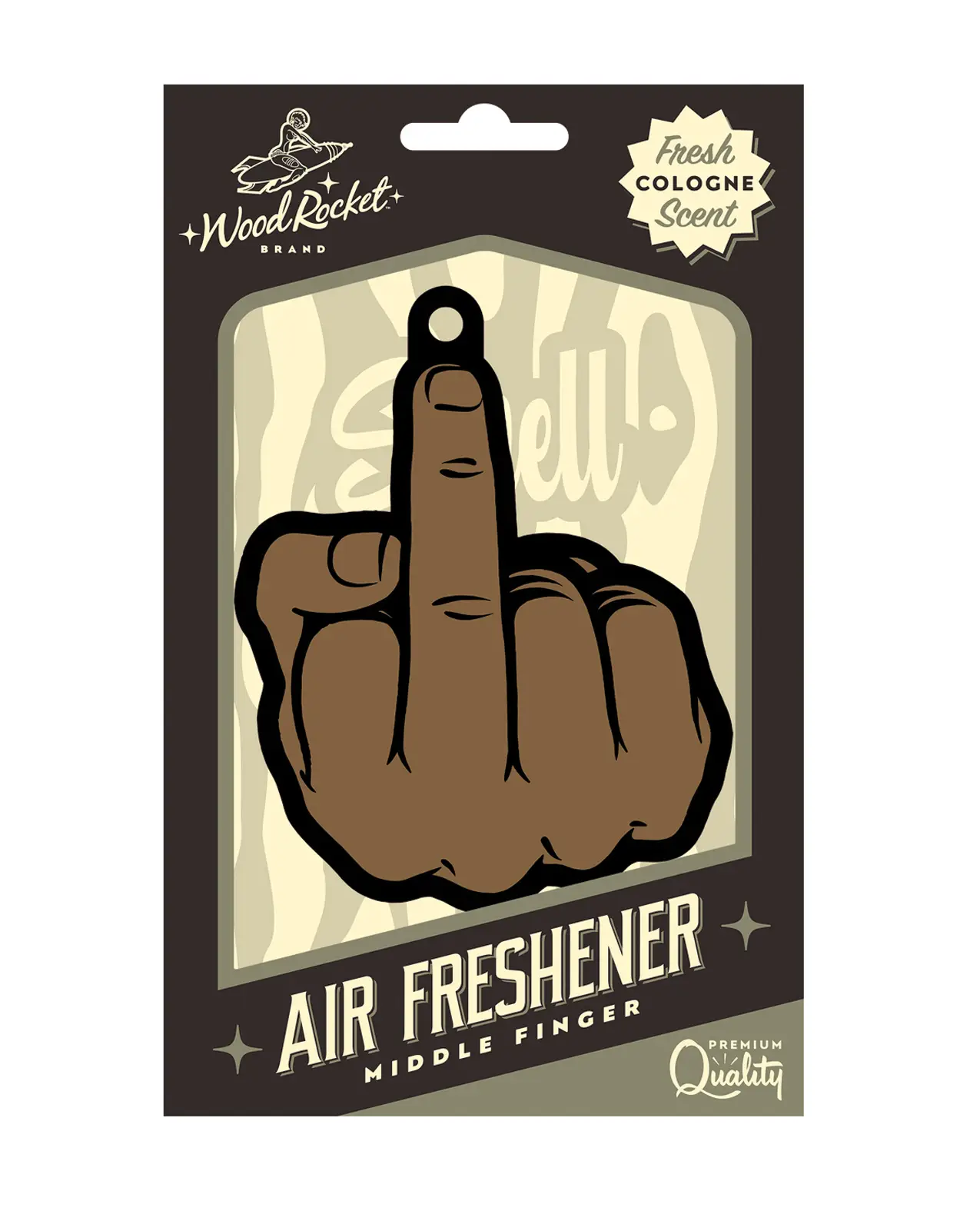A brown middle finger hanging air freshener