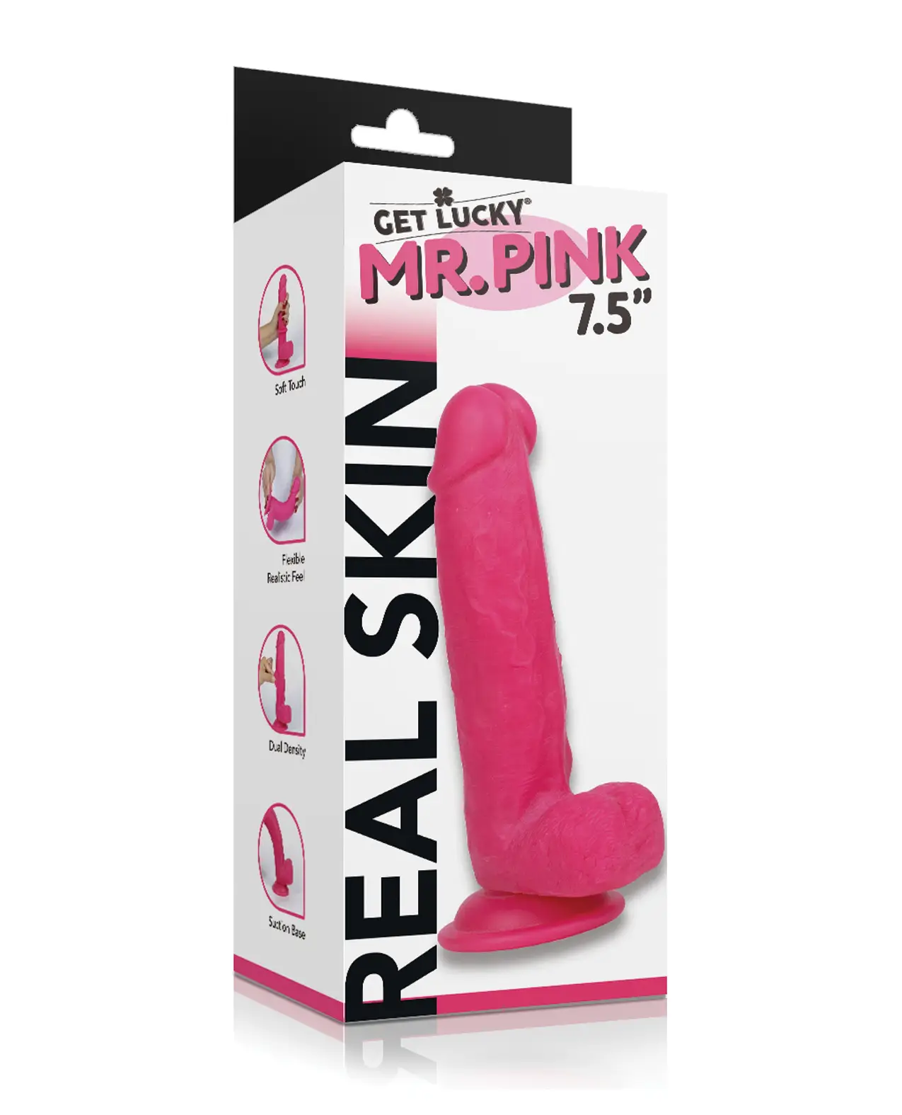 Get Lucky Mr. Pink 7.5" Dual Layer Dong. A Pink Realistic feeling dong on a white box.