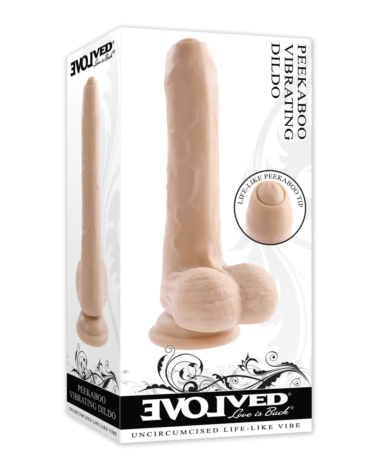 Uncircumcised vibrating dildo in Ivory on a white box