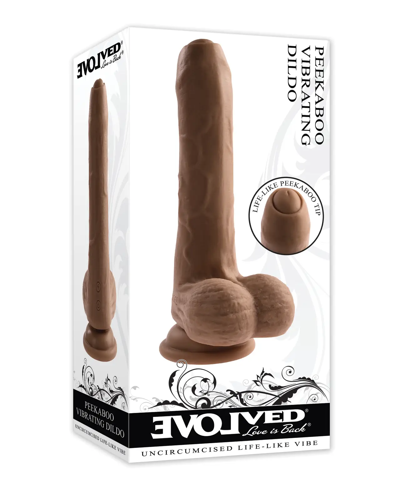 Uncircumcised vibrating dildo in brown on a white box