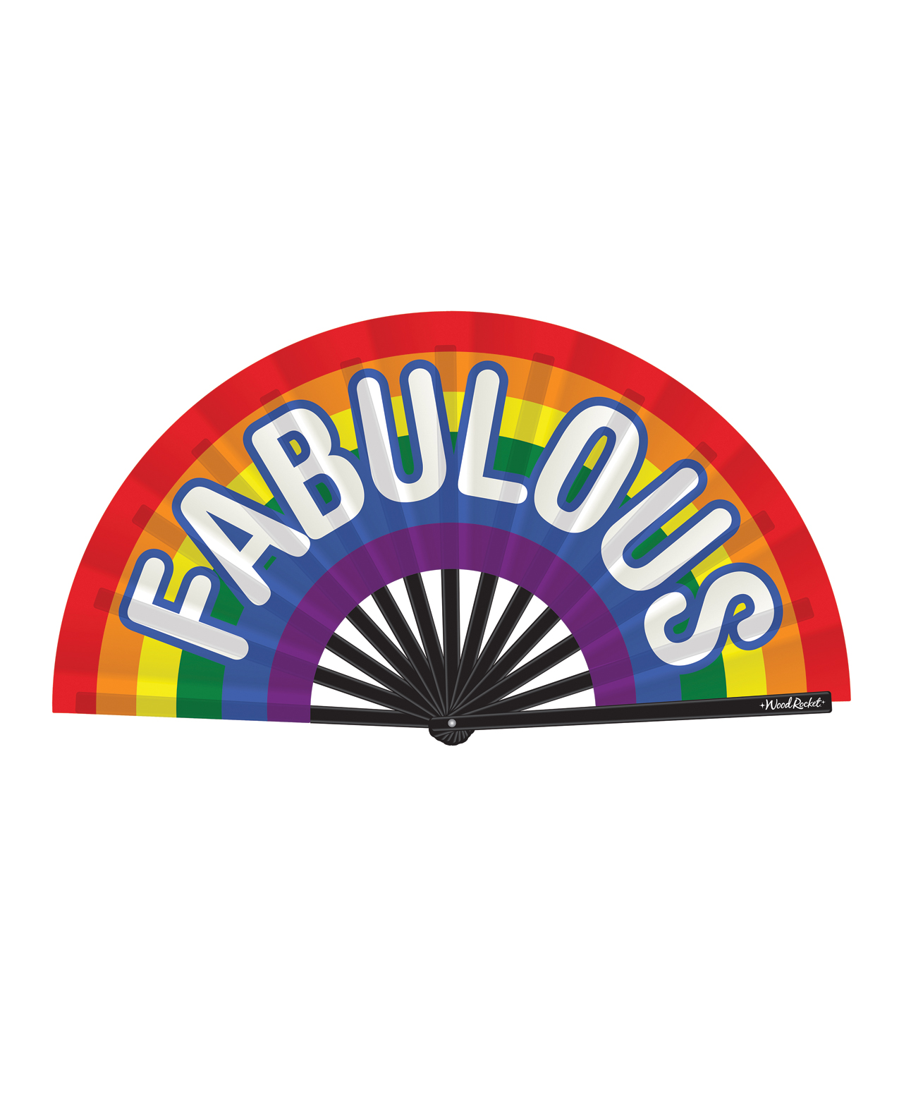 Hand Fan with the word Fabulous in bold white letters on a radiant of rainbow of colors background
