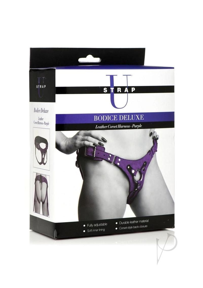 The box is a picture of a woman's torso wearing a Purple harness